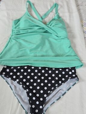 Mint Swim Tankini Top White & Black Polka Dot Bottoms